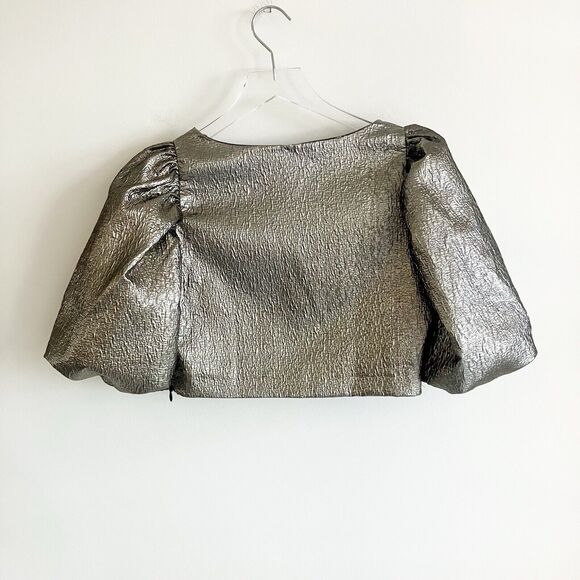 Zara Trafaluc Small Puff Sleeve Crop Top Blouse Metallic Pewter Silver Textured - Picture 4 of 6